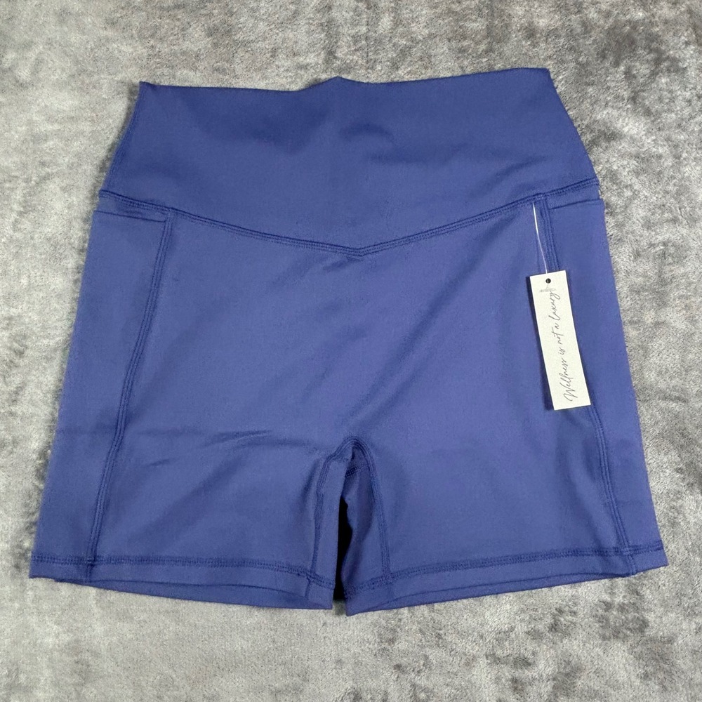 Senita Athletics Womens Blue High Waisted Biker Shorts Side Pockets Large NWT